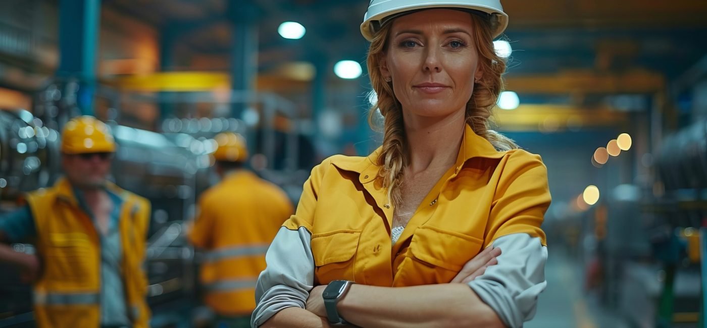 Lens 14mm. A woman who is an engineer, a boss, and wears a white hard hat and formal suit. She is observing her employees working at the construction site. Beautiful lighting. Realism. Boss! Female power --chaos 100 --ar 3:2 --style raw --sref https://s.mj.run/ftkr9p5jztw --sw 800 --stylize 1000 Job ID: 47a18146-9969-4538-a0e2-a56c02e52f2b