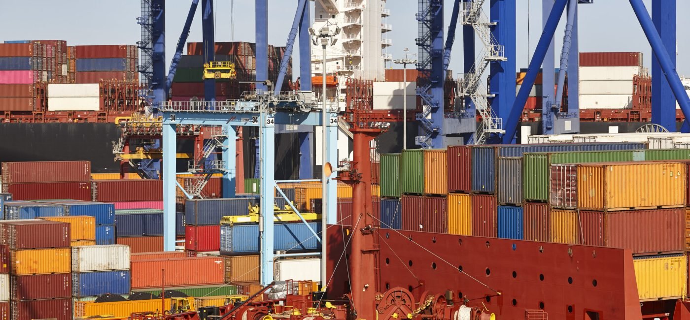 Containers on a vessel. Global market. Cargo shipping. International economy
