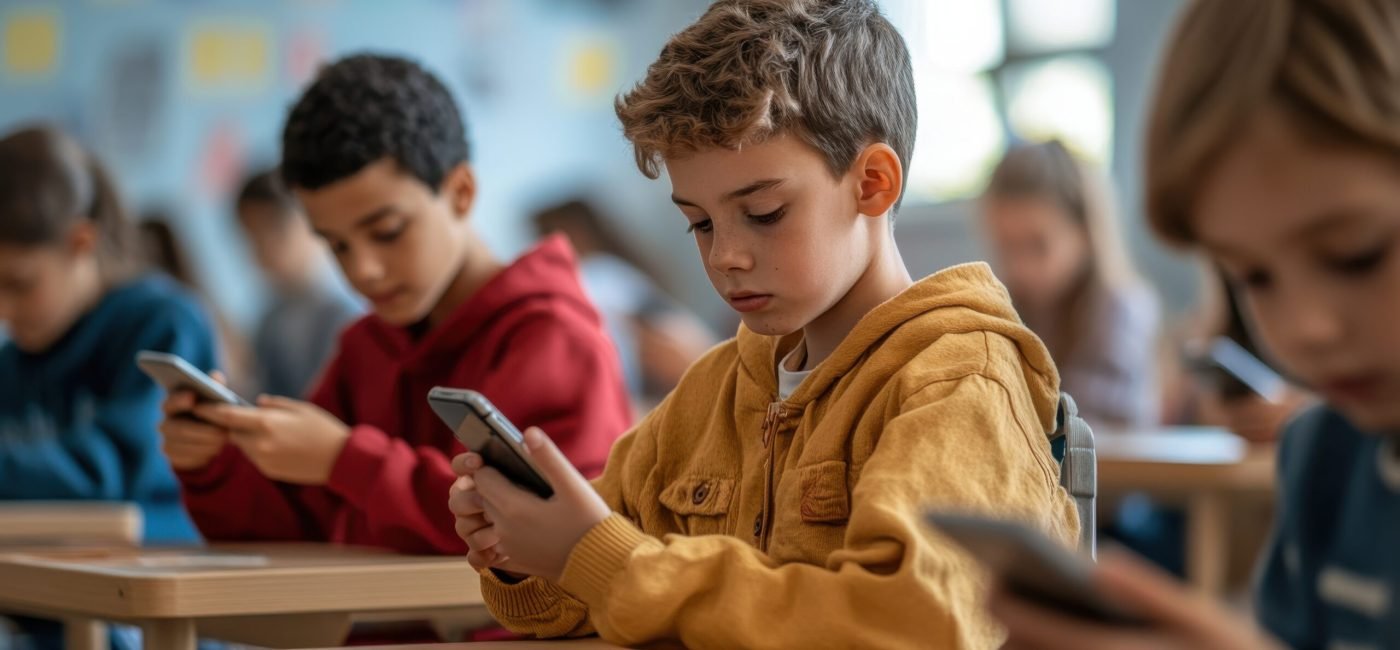 Children are focused on their smartphones at individual desks while participating in a classroom learning activity in a bright environment.